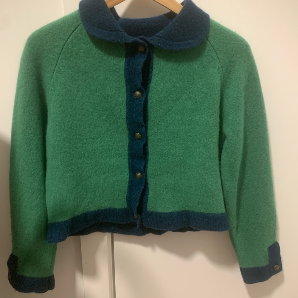 100% Wool Colorblock Cardigan – Green & Navy Peter Pan Collar